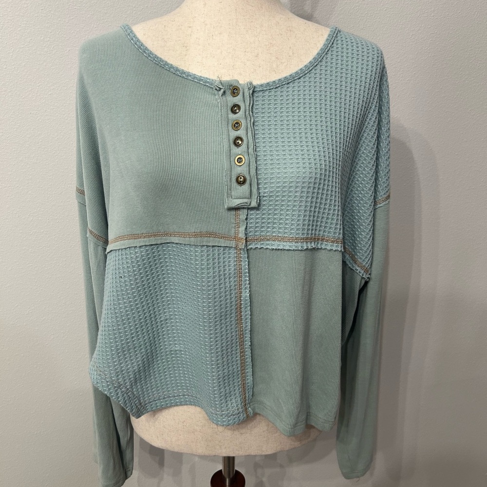 POL Sage Green Textured Button-Up Sweatshirt